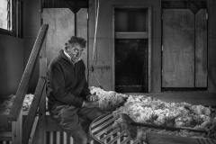 Tim in the wool shearing shed, Tiverton